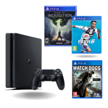 Playstation 4 (PS4) Slim 1TB Juodas + Dragon Age + FIFA19 + Watch Dogs