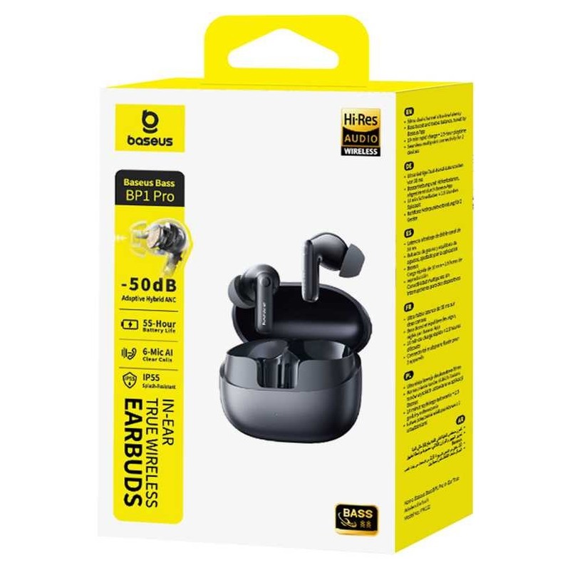 Baseus Belaidės Bluetooth 6.0 ausinės Bass BP1 Pro su triukšmo slopinimu ir įkrovimo dėklu, juodos